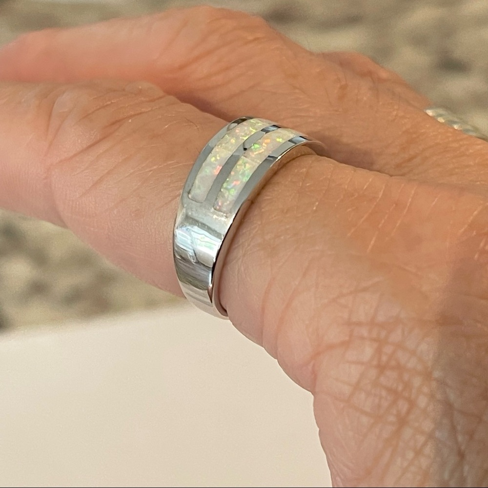 Sterling Silver White Lab Opal Ring, Wedding Band, October Birthstone Rings - Picture 3 of 13